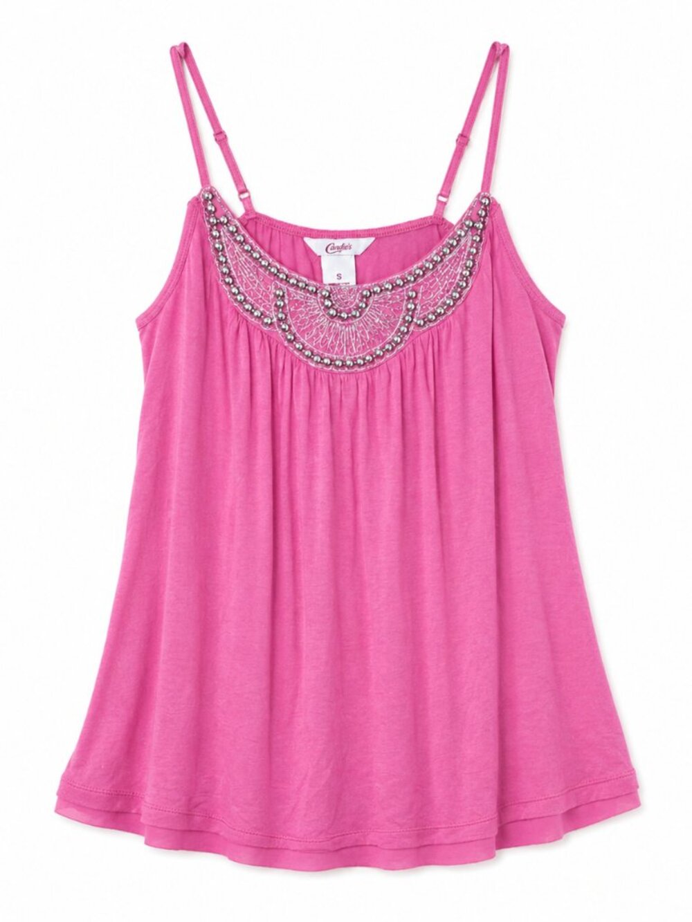 Candie's Womens Y2k Pink Flowy Top With Embellished Neckline, Size Small